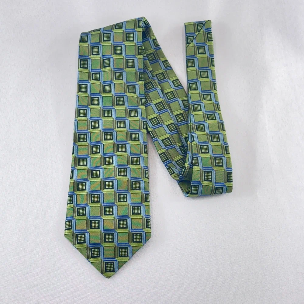 T. Harris London Geometric Tie Mens OS Green‎ Blue Square Silk Blend Retro Mod